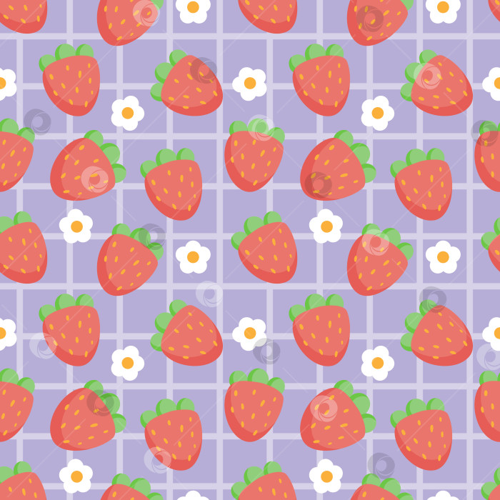 Скачать Бесшовный узор с клубникой и белыми цветами на фиолетовом клетчатом фоне. Симпатичный рисунок от руки для дизайна фотосток Ozero