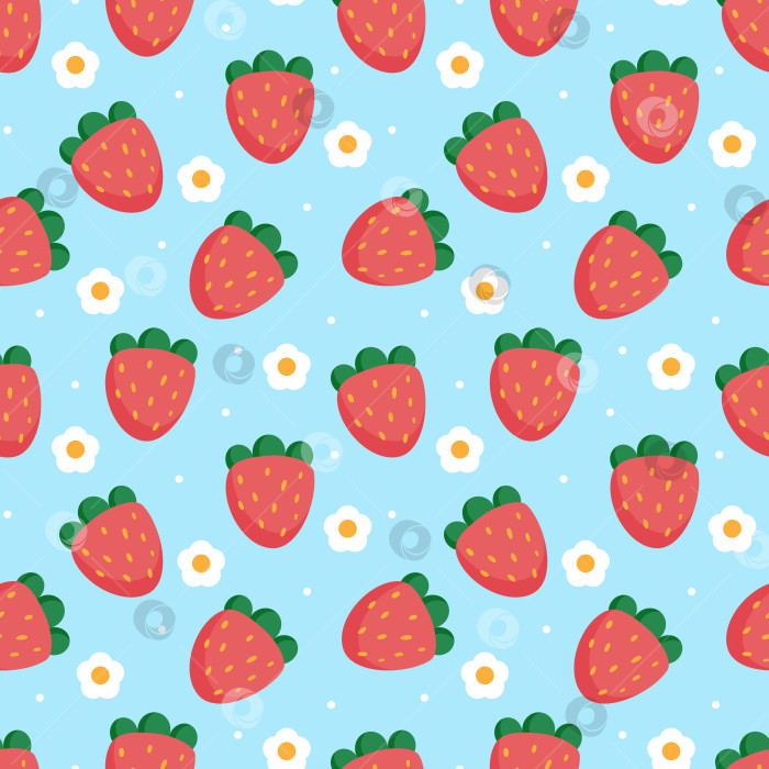 Скачать Симпатичный узор с клубникой и белыми цветами на синем фоне в горошек. Забавный летний детский принт фотосток Ozero