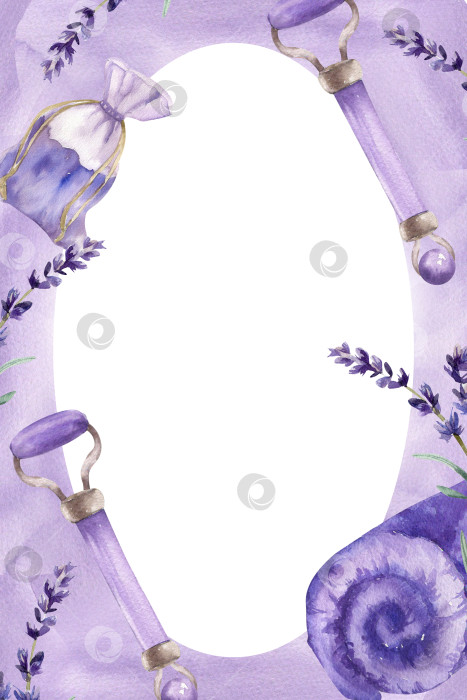 Скачать Шаблон акварельной открытки для ухода за кожей с цветами лаванды, фиолетовым банным полотенцем, массажным валиком, акварельной иллюстрацией в виде саше с травами. Рамка для спа и велнеса для упаковки органической косметики, дизайн этикетки фотосток Ozero