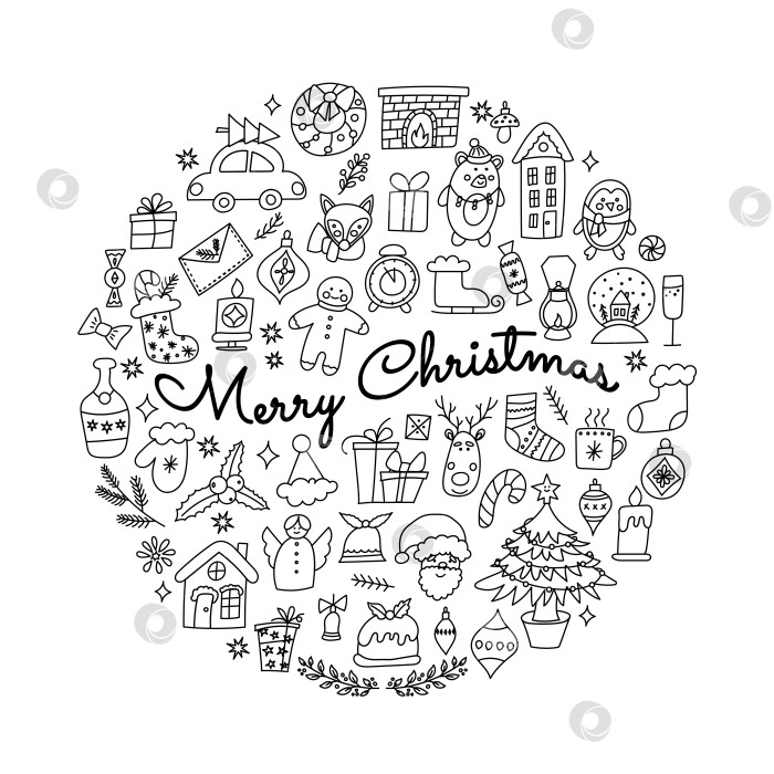 Скачать Круговая каракулевая композиция с Рождеством Христовым с праздничными значками фотосток Ozero