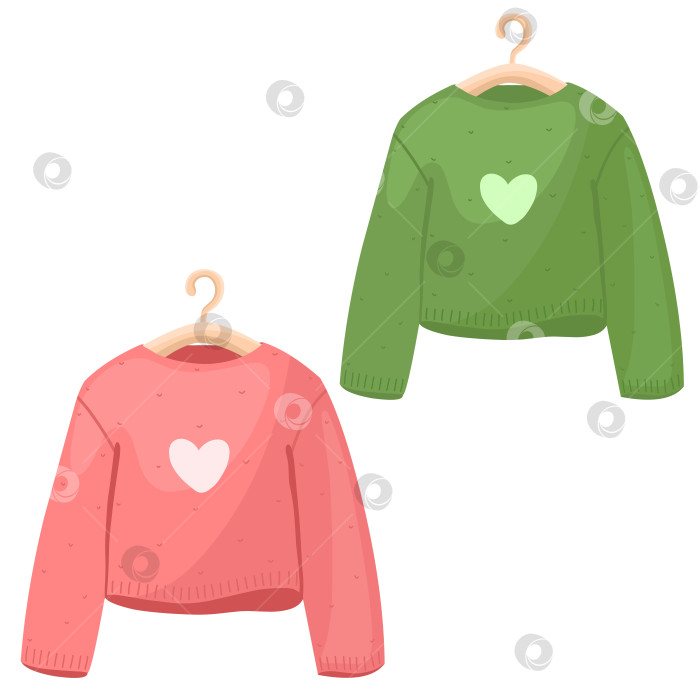 Скачать Свитер на вешалке. Свитер зелено-кораллового цвета. фотосток Ozero