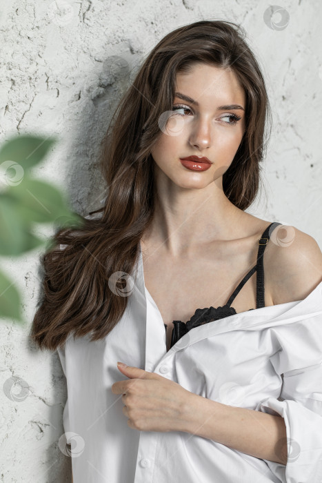 Скачать Портрет молодой красивой брюнетки-модели в белой рубашке фотосток Ozero