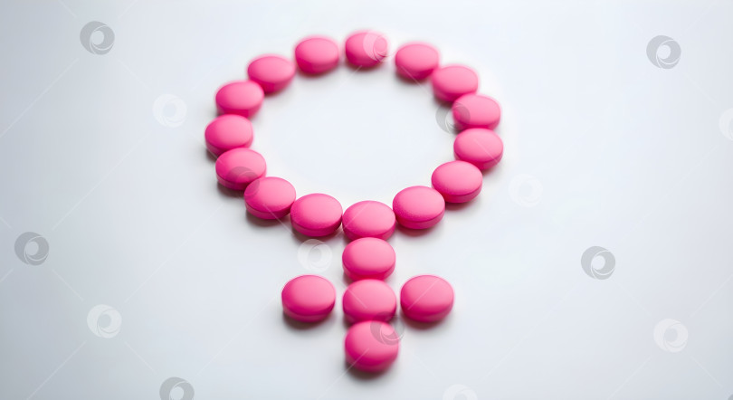 Скачать Розовые таблетки в форме символа женского пола на белом фоне. Баннер, посвященный женскому здоровью, гормональному балансу, контрацепции или репродуктивной медицине, с выделенным пространством для копирования. фотосток Ozero