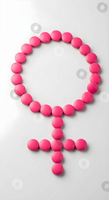 Скачать Розовые таблетки в форме символа женского пола на белом фоне. Вертикаль, посвященная женскому здоровью, гормональному балансу, контрацепции или репродуктивной медицине, с выделенным пространством для копирования. фотосток Ozero