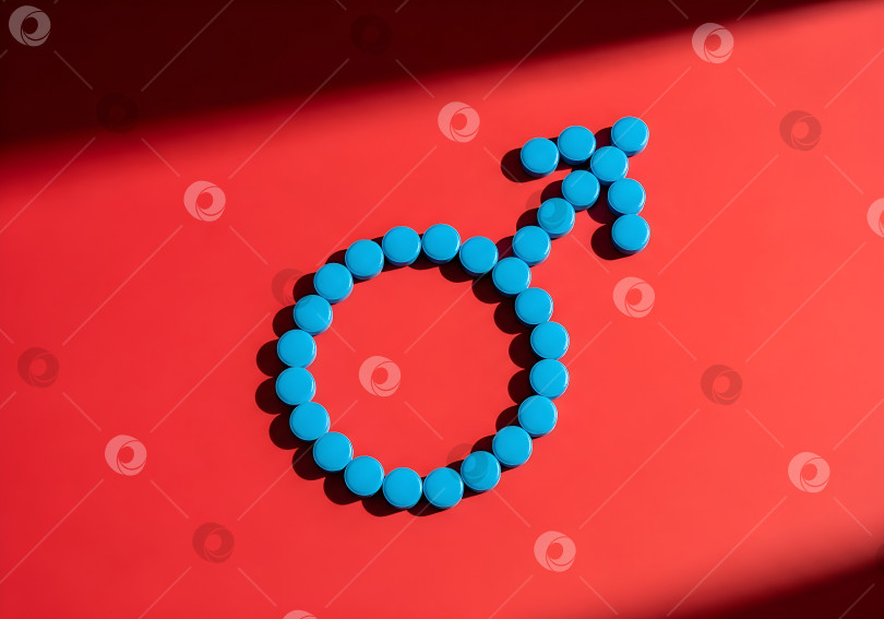 Скачать Синяя таблетка в форме символа мужского пола на красном фоне. Концепция шаблона медицинского или фармацевтического дизайна для мужского здоровья, урологии или витальности с возможностью копирования. фотосток Ozero