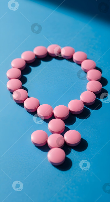 Скачать Розовые таблетки в форме символа женского пола на синем фоне. Вертикаль, посвященная женскому здоровью, гормональному балансу, контрацепции или репродуктивной медицине, с выделенным пространством для копирования. фотосток Ozero