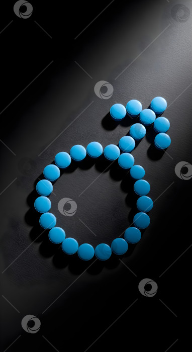 Скачать Синяя таблетка в форме символа мужского пола на черном фоне. Медицинская или фармацевтическая вертикальная концепция для мужского здоровья, урологии или поддержания жизненных сил. фотосток Ozero