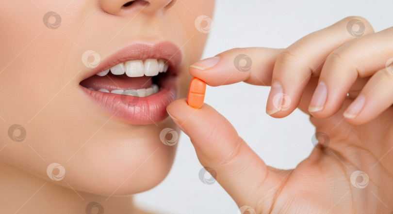 Скачать Женщина, готовящаяся принять оранжевую таблетку крупным планом на белом фоне. Концепция медицинского лечения в области здоровья и хорошего самочувствия. Баннер с изображением женщины, принимающей лекарственные добавки. фотосток Ozero