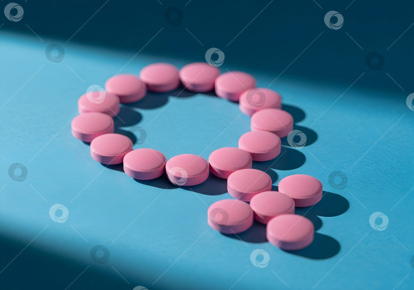 Скачать Розовые таблетки в форме символа женского пола на синем фоне. Концепция женского здоровья, гормонального баланса, контрацепции или репродуктивной медицины с указанием места для копирования. фотосток Ozero