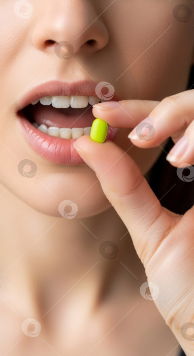 Скачать Женщина, готовящаяся принять зеленую таблетку крупным планом на белом фоне. Концепция медицинского лечения в области здоровья и хорошего самочувствия. Вертикальный плакат женщины, принимающей лекарственные добавки. фотосток Ozero