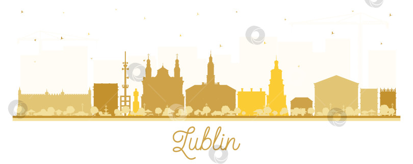 Скачать Силуэт города Люблин, Польша, на фоне желтых зданий, выделяющихся на белом фоне. Городской пейзаж Люблина с достопримечательностями. Концепция бизнеса и туризма с современной и исторической архитектурой. фотосток Ozero