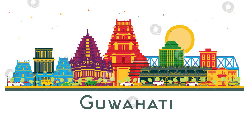 Скачать Горизонт индийского города Гувахати с цветными зданиями, выделяющимися на белом фоне. Иллюстрация. Концепция деловых поездок и туризма с исторической архитектурой. Городской пейзаж Гувахати с достопримечательностями. фотосток Ozero