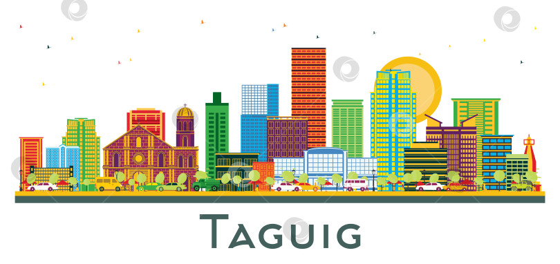 Скачать Горизонт филиппинского города Тагиг с цветными зданиями, выделяющимися на белом фоне. Иллюстрация. Концепция деловых поездок и туризма в сочетании с современной архитектурой. Городской пейзаж Тагига с достопримечательностями. фотосток Ozero