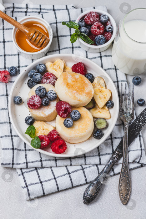 Скачать Сырники с сахарной пудрой и ягодами на тарелке фотосток Ozero
