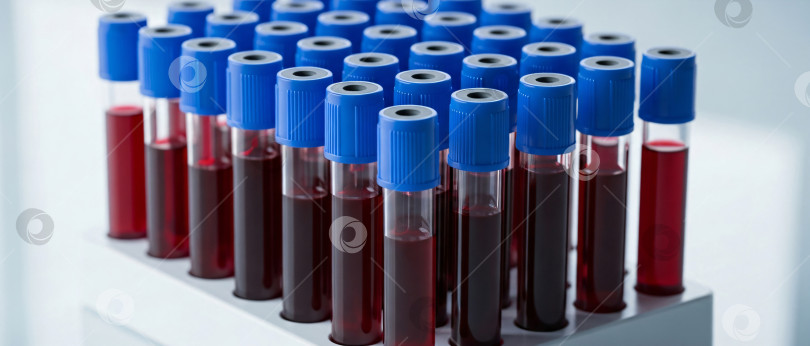 Скачать Крупным планом на светлом фоне показаны пробирки с кровью в подставке для медицинских диагностических исследований. фотосток Ozero