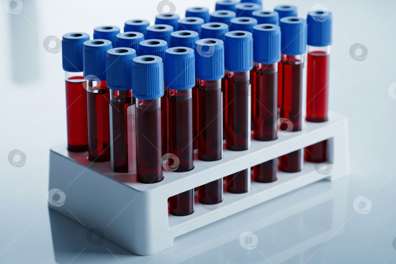 Скачать Крупным планом на светлом фоне показаны пробирки с кровью в подставке для медицинских диагностических исследований. фотосток Ozero