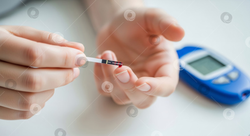 Скачать Человек, проводящий самотестирование уровня сахара в крови с помощью полоски глюкометра. Шаблон баннера для лечения диабета и регулярного мониторинга состояния здоровья для контроля. фотосток Ozero