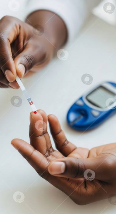 Скачать Афроамериканец проводит самопроверку уровня сахара в крови с помощью полоски глюкометра. Вертикальный шаблон для управления диабетом и регулярного мониторинга состояния здоровья для контроля. фотосток Ozero