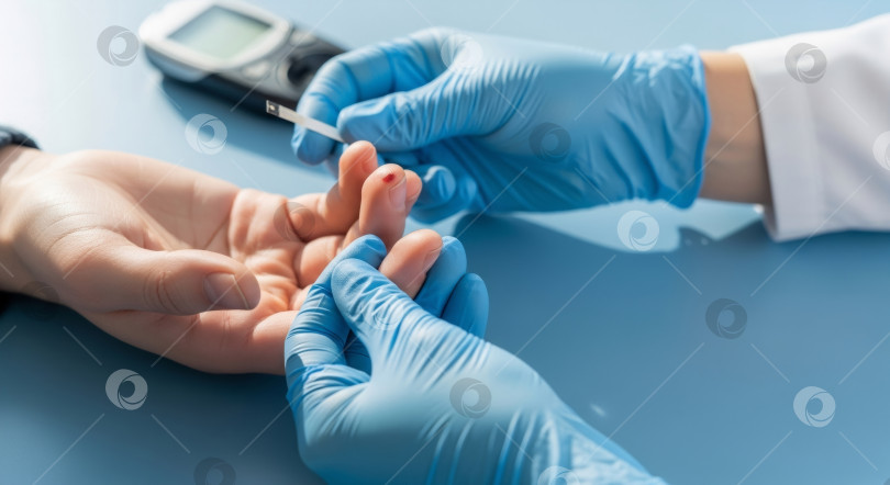 Скачать Руки белого человека в перчатках с глюкометром на белом фоне. Шаблон баннера для месяца осведомленности о диабете, контроля уровня сахара в крови и медицинского обслуживания. фотосток Ozero