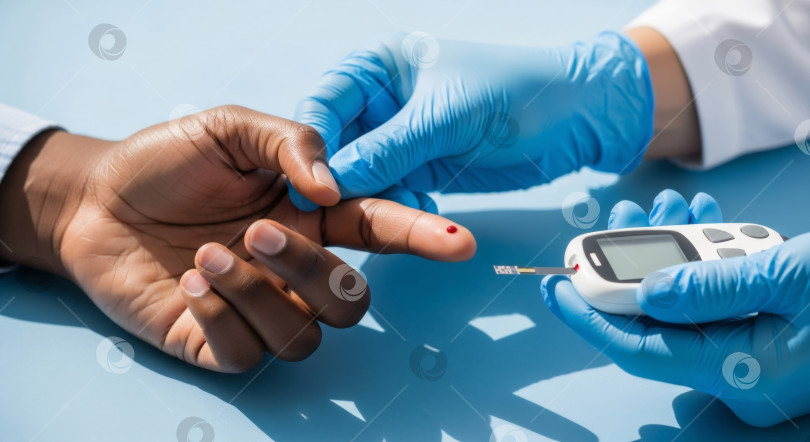 Скачать Руки афроамериканца в перчатках с глюкометром на белом фоне. Шаблон баннера для месяца осведомленности о диабете, контроля уровня сахара в крови и медицинского обслуживания. фотосток Ozero