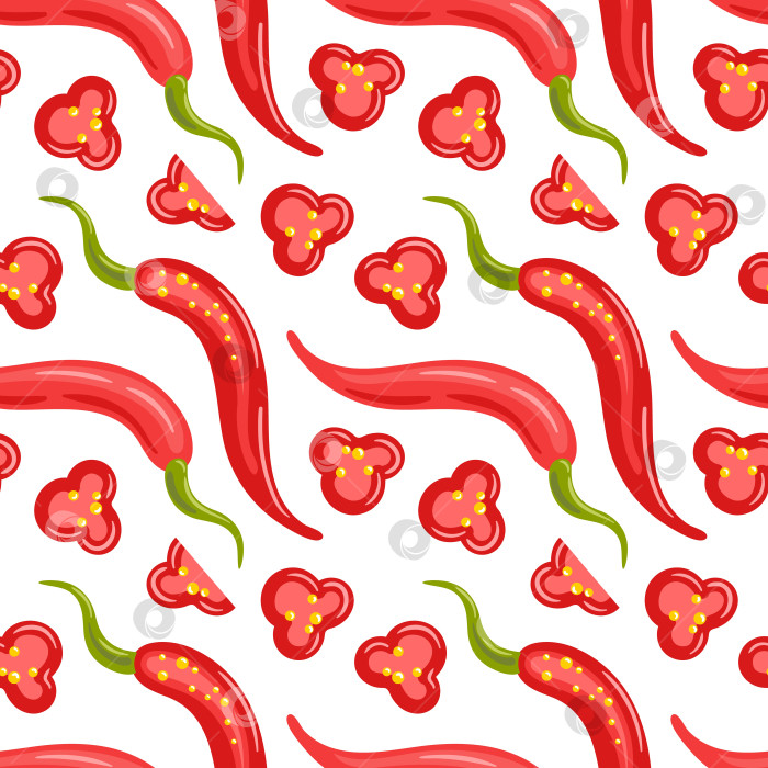 Скачать Бесшовный узор из красного перца чили с глянцевой текстурой, яркими оттенками и четкими формами создает огненную, динамичную текстуру. фотосток Ozero