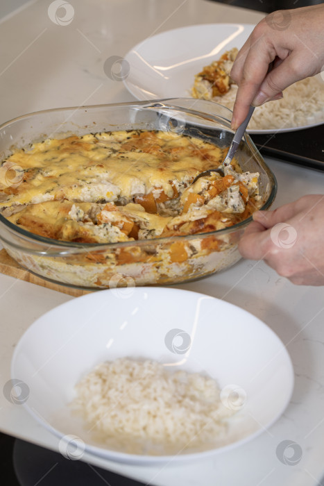 Скачать Домашнее блюдо - Запеканка из курицы и тыквы фотосток Ozero