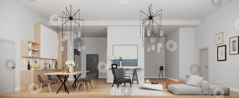 Скачать 3D-рендеринг современной квартиры открытой планировки. Дизайн интерьера гостиной и кухни фотосток Ozero