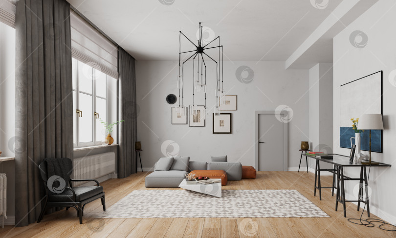 Скачать 3D-визуализация современного интерьера гостиной. Современный дом со стильной мебелью и декором фотосток Ozero