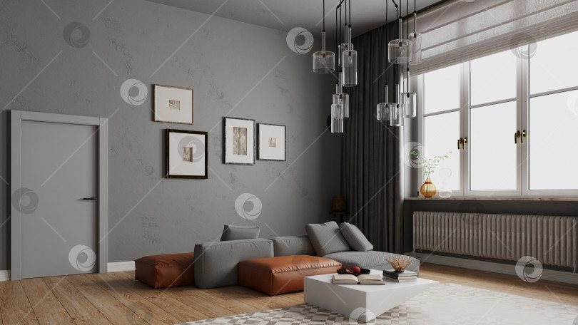 Скачать 3D-визуализация современного интерьера гостиной. Современный дом с серыми стенами и диваном фотосток Ozero