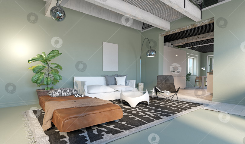 Скачать 3D-рендеринг современного эклектичного интерьера гостиной. Квартира в индустриальном стиле с мебелью фотосток Ozero