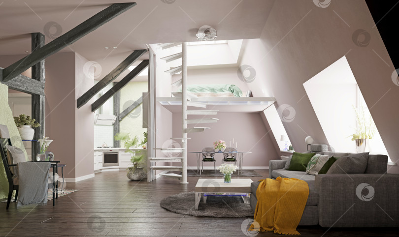 Скачать 3D-рендеринг современной квартиры в стиле лофт с мезонином. Просторный интерьер открытой планировки с винтовой лестницей фотосток Ozero