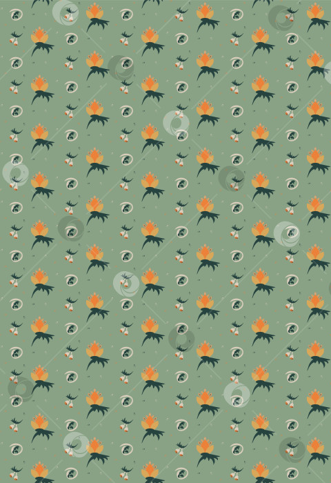 Скачать Цветы, бутоны и листья образуют бесшовный векторный узор на зеленом фоне. фотосток Ozero