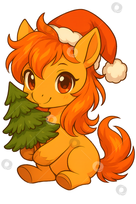 Скачать Лошадка в новогодней шапке держит ёлку фотосток Ozero