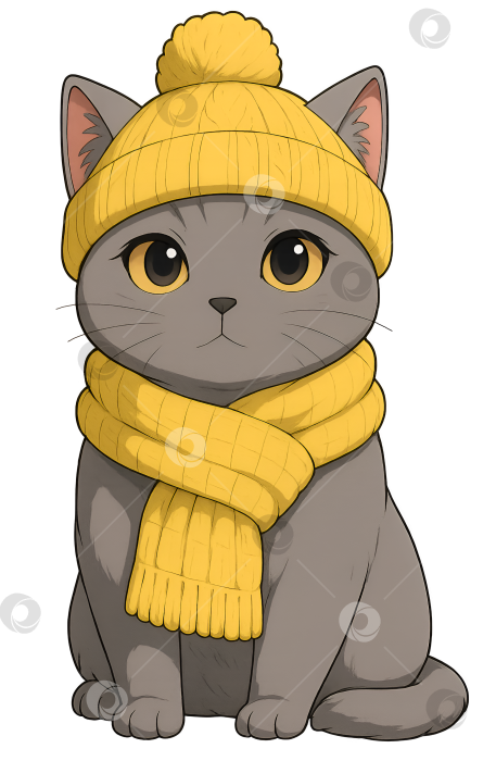 Скачать Британская кошка аниме в шарфе и шапочке фотосток Ozero