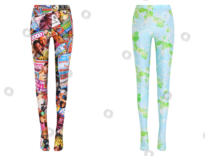 Скачать Саратов, Россия - 02 декабря 2022 года. Пара стильных леггинсов с принтом на белом фоне фотосток Ozero