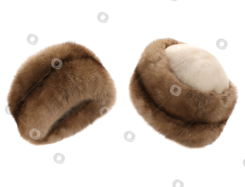 Скачать Коричневая меховая шапка на изолированном белом фоне вид спереди и сзади фотосток Ozero
