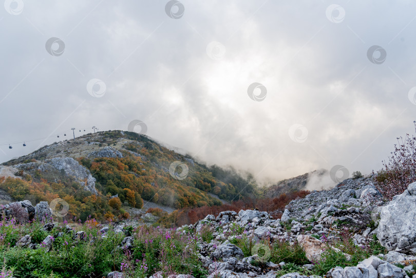 Скачать Вид на пейзаж с гондольной канатной дороги, ведущей на гору Ловчен, город Котор, Черногория фотосток Ozero