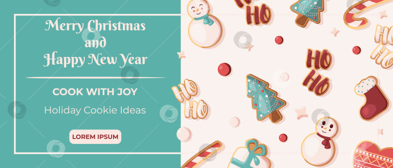 Скачать Рождественский и новогодний баннер со стилизованными имбирными пряниками. На печенье изображены снеговик, сердце и рождественская елка. Праздничная выпечка. Шаблон баннера для веб-сайтов, флаеров, обложек, заставок фотосток Ozero