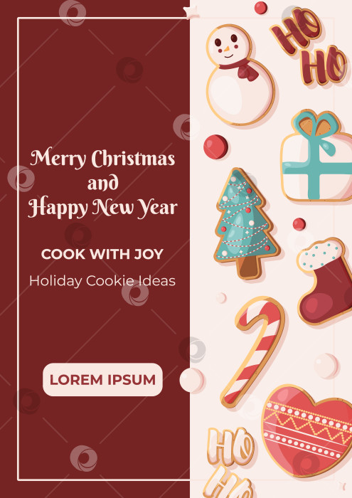 Скачать Рождественский и новогодний баннер формата А4 со стилизованными имбирными пряниками. На печенье изображены снеговик, сердце и рождественская елка. Шаблон баннера для веб-сайтов, флаеров, обложек, заставок к фильмам фотосток Ozero