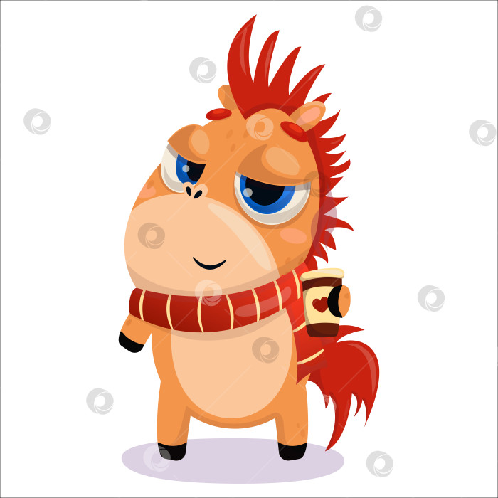 Скачать Милая мультяшная пони наслаждается напитком. Пони, лошадь, осень, напиток, кофе, чай, наслаждение, шарф, холод. Изолированный персонаж фотосток Ozero