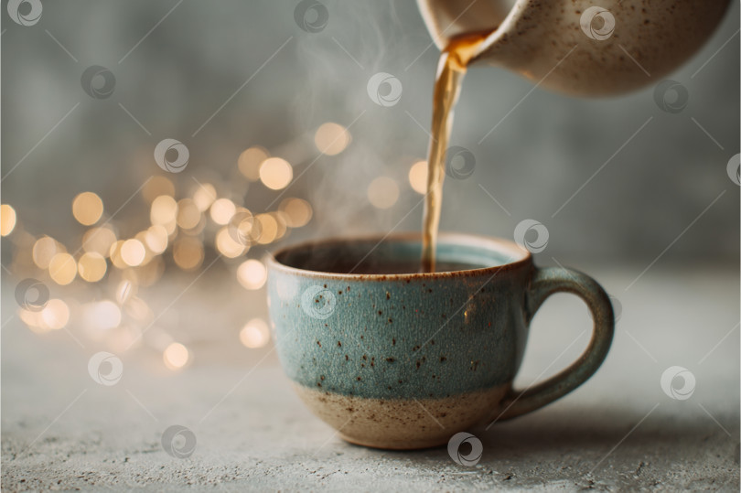 Скачать Наливание горячего напитка в кружку рядом с подсветкой, виден пар фотосток Ozero