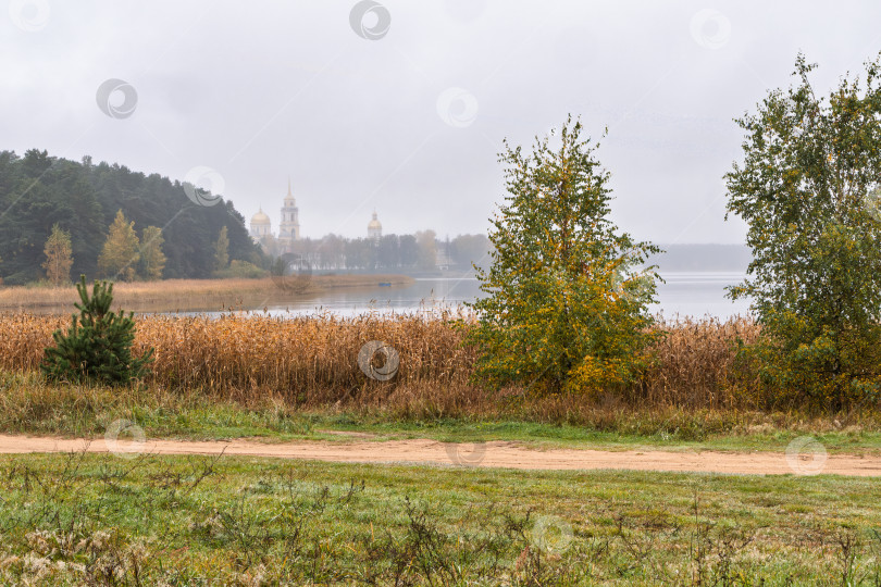Скачать Панорамный осенний пейзаж на озере Селигер. Полевая дорога и заросли камыша на берегу. Вдали — Нило-Столбенский монастырь (Нилова пустынь), создающий атмосферу умиротворения. фотосток Ozero