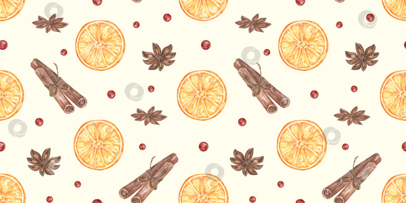 Скачать Рождественский узор из кусочков сушеного апельсина, клюквы, корицы и аниса. Акварельная картина фотосток Ozero