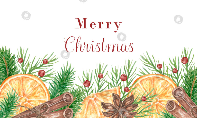 Скачать Рождественский горизонтальный баннер с еловыми ветками, дольками апельсина и специями. Акварельная рамка фотосток Ozero