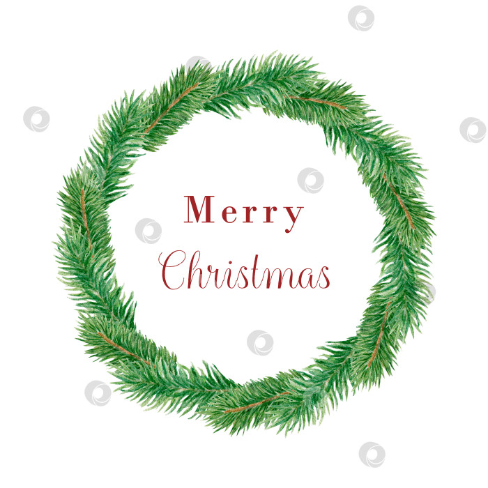 Скачать Рождественский круглый венок из еловых веток. Праздничный декор для приглашений. Акварельная иллюстрация фотосток Ozero