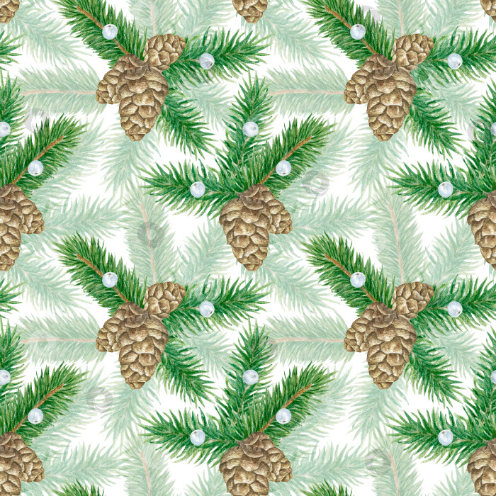 Скачать Зимний бесшовный узор с сосновыми шишками, ягодами, еловыми ветками. Рождественский акварельный фон. фотосток Ozero