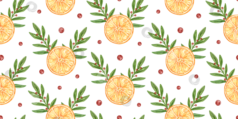 Скачать Рождественские растения с ягодами и апельсинами в форме оленя. Бесшовный акварельный узор. фотосток Ozero