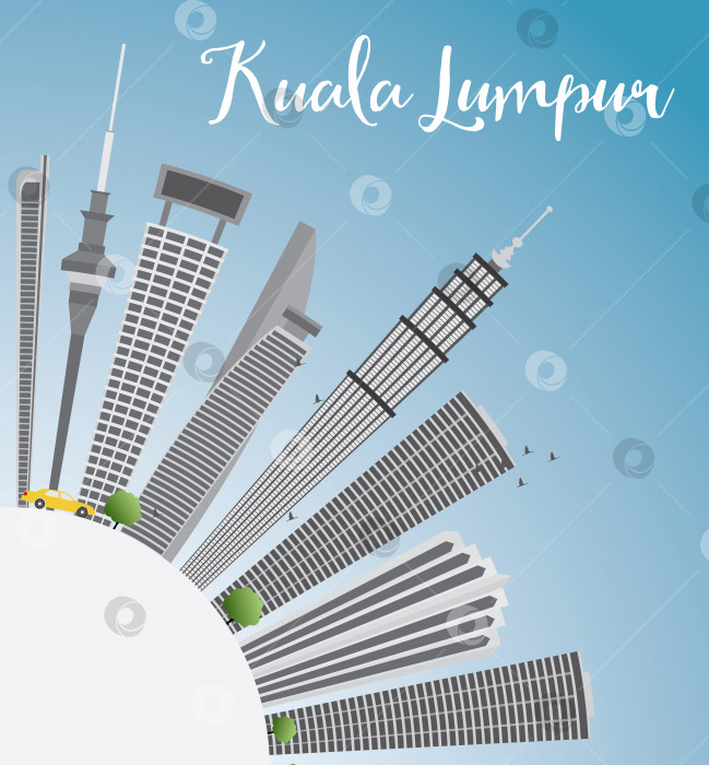Скачать Горизонт Куала-Лумпура с серыми зданиями, голубым небом и космическим пространством. фотосток Ozero
