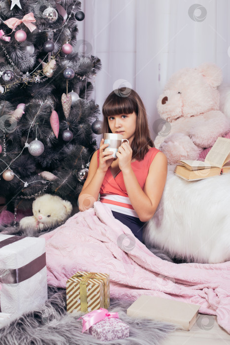 Скачать Девочка-подросток пьет чай в новогодней гостиной, вертикальная съемка фотосток Ozero