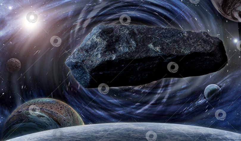Скачать Огромный астероид летит в космосе среди планет.  фотосток Ozero